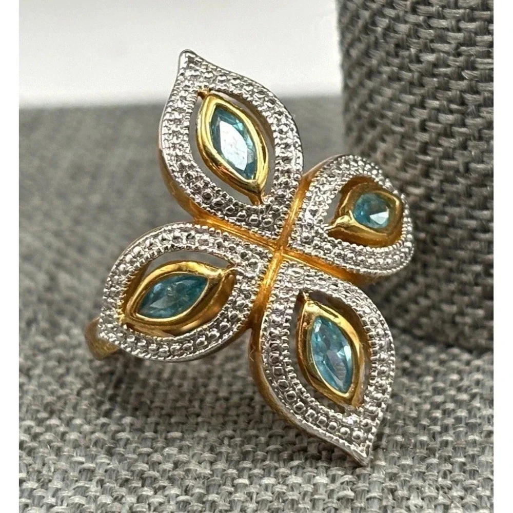 Gorgeous Blue Stone Marquise Cross Statement Ring Gold Tone Size 6